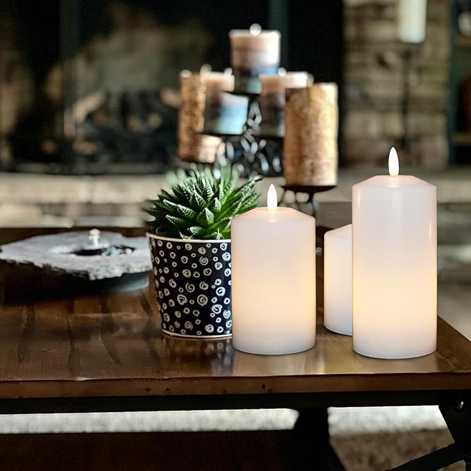 Battery Operated Flameless Candles with 3D Flickering Flame Wick, LED Pillar Candles with Remote Timer, Pack of 3 Real Wax Candles for Wedding Home Decor(White)-VerdiqueGarden