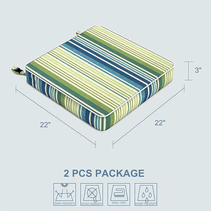 LVTXIII Patio Chair Cushions 22"x22"x3", Water-Repellent Outdoor Seat Cushions for Patio Furniture, Square Chair Pads with Ties for Home Garden Decoration, Set of 2, Stripe Blue Green-VerdiqueGarden