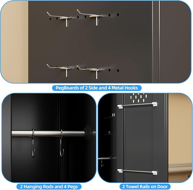 72''H Metal Broom Closet Storage Cabinet with Wheels & Pegboards, Mops Broom Closet Organizer with Locking Door & Hanging Rod,Cleaning Tool Garage Storage Cabinet,Assembly Required,Black-VerdiqueGarden