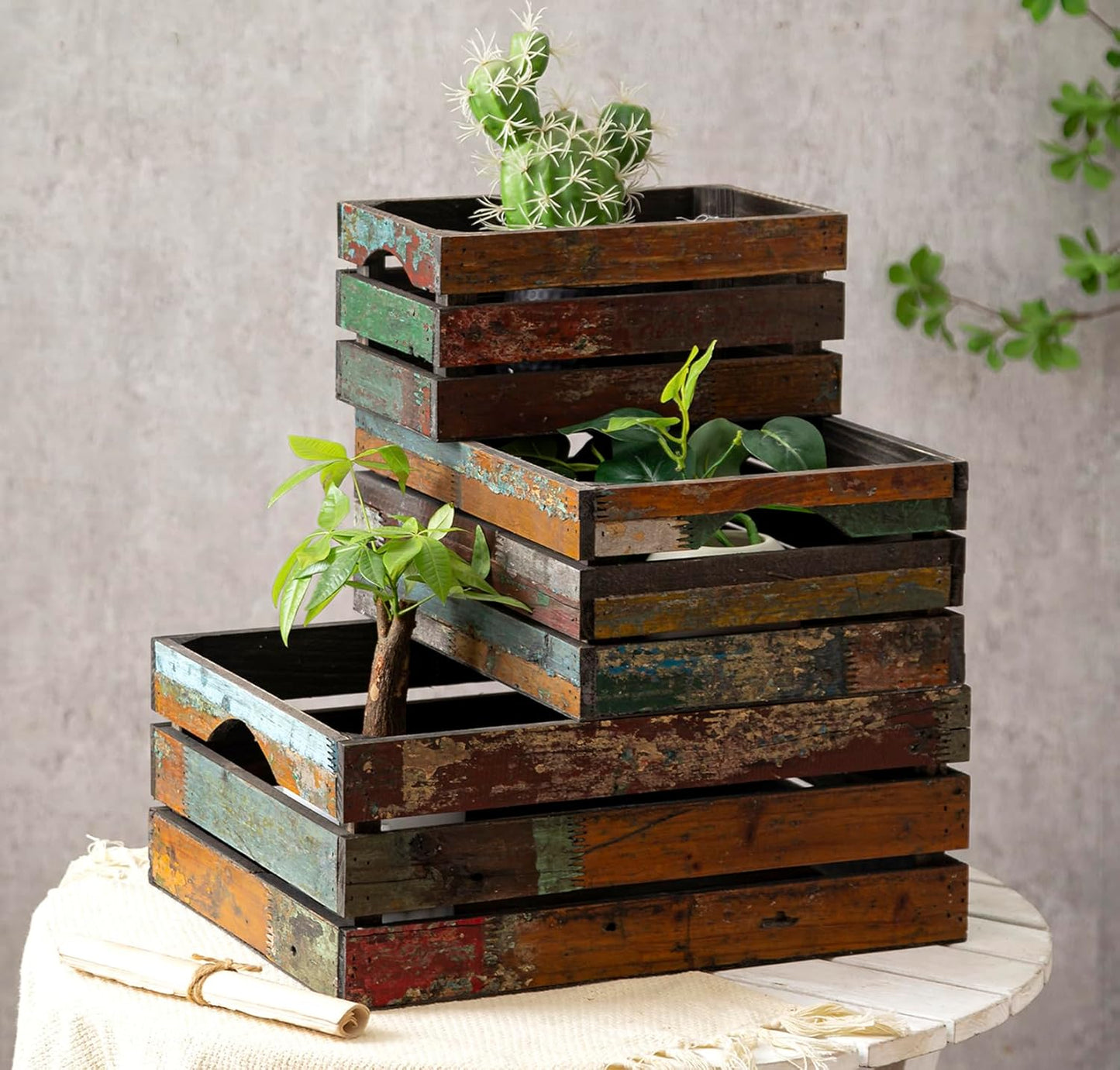 TIMRIS Set of 3 Rustic Distressed Wood Nesting Crates, Farmhouse Decorative Wooden Storage Boxes, Large Vintage Reclaimed Wood Baskets for Display (Random)-VerdiqueGarden