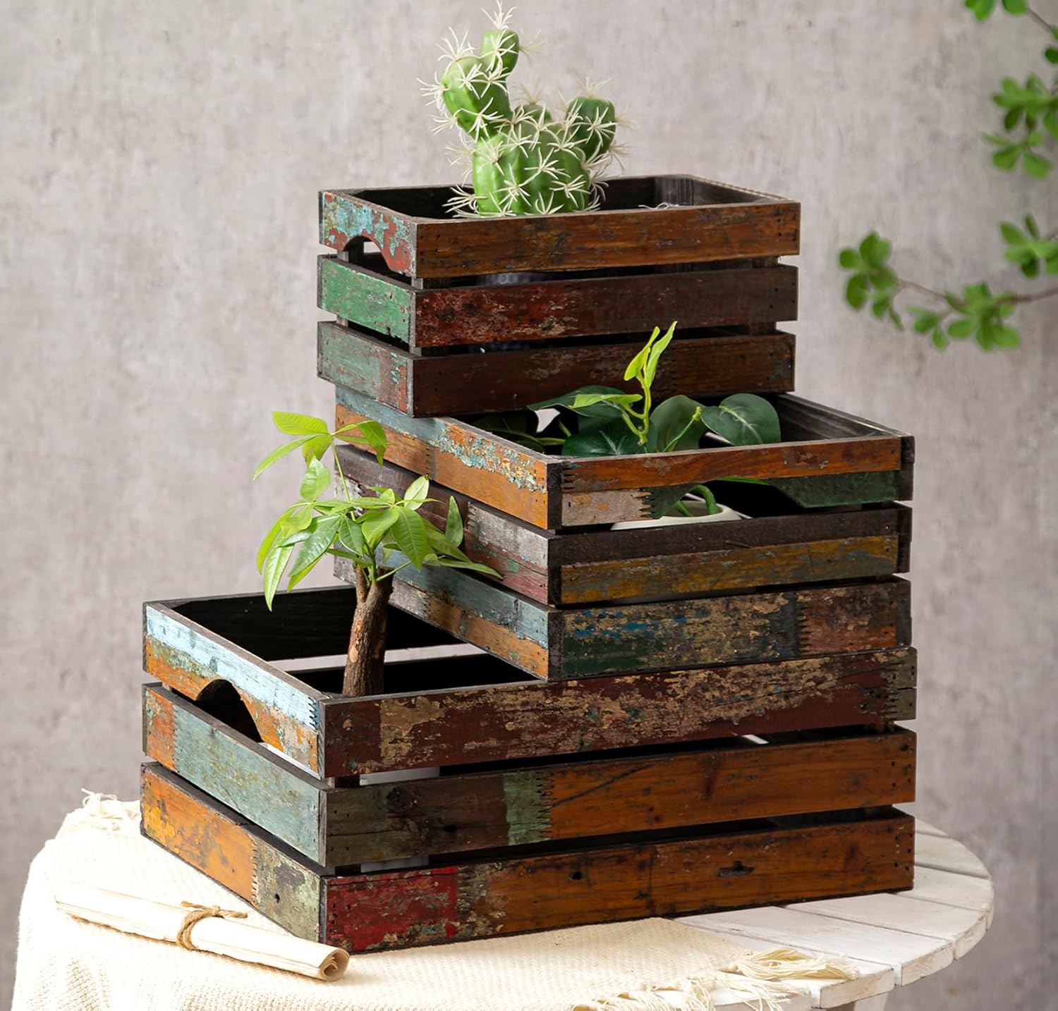 TIMRIS Set of 3 Rustic Distressed Wood Nesting Crates, Farmhouse Decorative Wooden Storage Boxes, Large Vintage Reclaimed Wood Baskets for Display (Random)-VerdiqueGarden