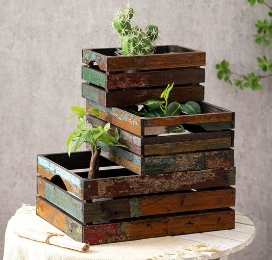 TIMRIS Set of 3 Rustic Distressed Wood Nesting Crates, Farmhouse Decorative Wooden Storage Boxes, Large Vintage Reclaimed Wood Baskets for Display (Random)-VerdiqueGarden