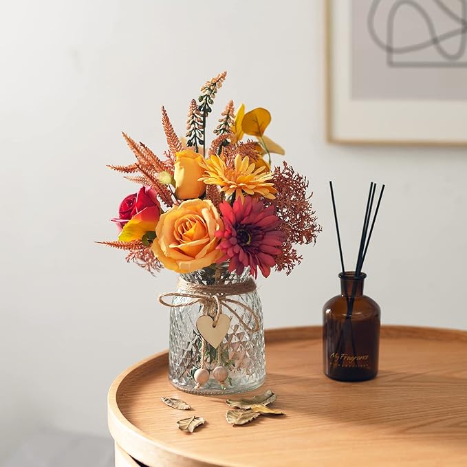 Artificial Flowers with Vase, Faux Silk Flowers Arrangement in Vase, Rustic Home Office Decorations, Farmhouse Dining Table Decor, Coffee Table Centerpiece, Fall Table Plant Decor-VerdiqueGarden