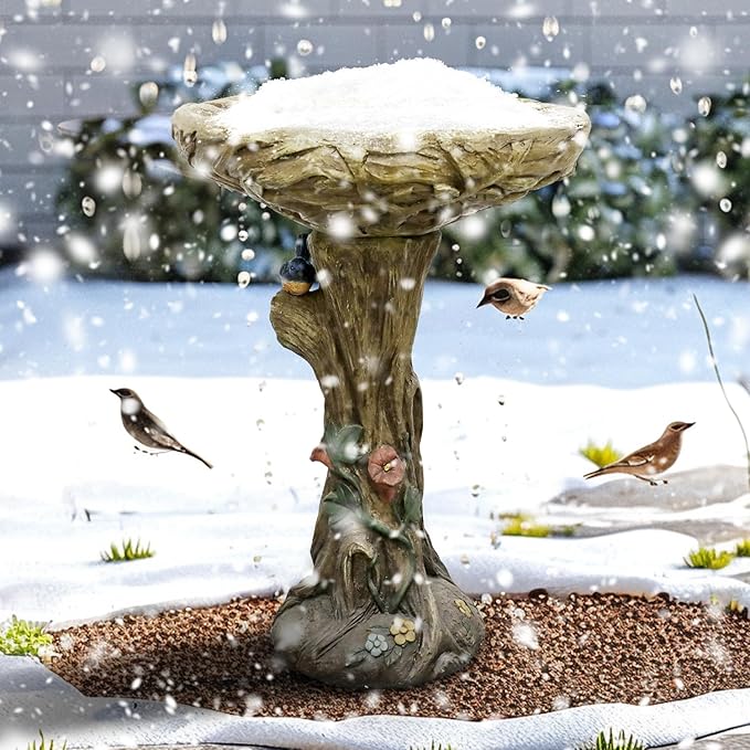 SKYFIRE 25.5” H Concrete Birdbaths for Outdoors -Large Woodland Tree Trunk Yard Statue Decoration，Vintage Birdbath with Bird Figurines Yard Statue for Garden, Patio, Lawn, Backyard-VerdiqueGarden