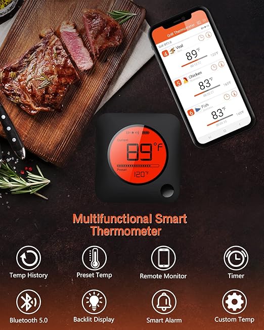 BFOUR Meat Thermometer Wireless Bluetooth, LCD Digital Meat Thermometer with Dual Probe, Wireless Remote BBQ Thermometer for Smoker Kitchen Cooking Grill Thermometer for Grilling BBQ Oven-VerdiqueGarden