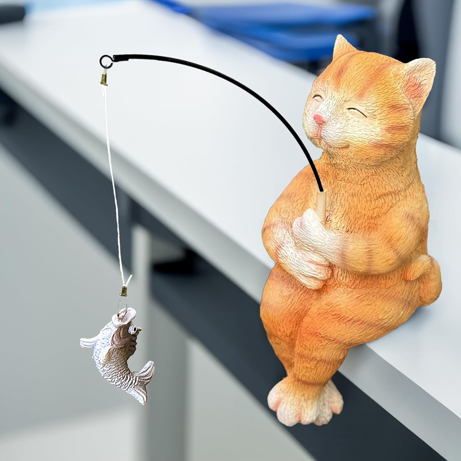 Garden Funny Orange Cat Pond Statue - 11" Cat Fishing Poolside Decor, Animals Outdoor Statue-VerdiqueGarden