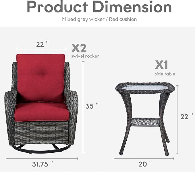 Outdoor Swivel Rocker Wicker Chairs Set of 3, High Back Swivel Patio Chairs Wicker Furniture Set, 2 PCS Rattan Swivel Rocking Chair with Side Table, Red Cushion-VerdiqueGarden