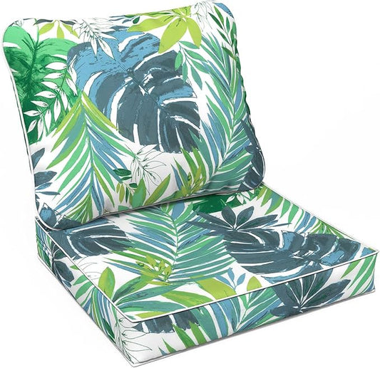 LVTXIII Outdoor Deep Seat Cushion Patio Seat and Back Cushion Set Seasonal Chair Cushion with Removable Cover and Adjustable Buckle for Home and Garden, 24"x24"x4", Islamorada Blue Green-VerdiqueGarden