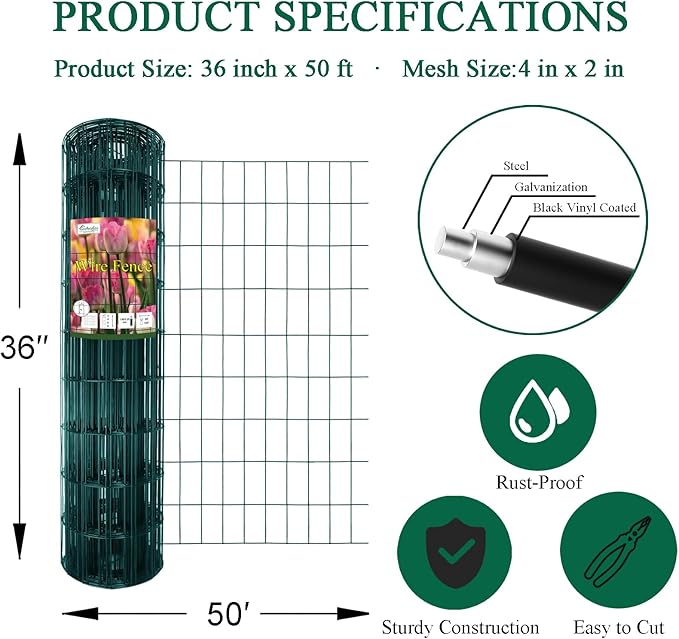 Green PVC Coated Welded Wire Fence 36 Inch x 50 Foot, 2 Inch x 4 Inch 14GA, Garden Border Fencing Roll Vinyl Coating Metal Wire Mesh Hardware Cloth for Yard Vegetable Plant Protection-VerdiqueGarden