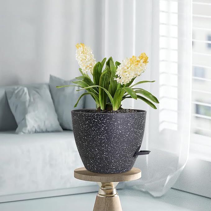 12 inch Large Self Watering Pots for Indoor Outdoor Plants, Flower Plant Pots with Mesh Drainage Holes for Garden House Plants, Plastic Planters with Reservoir for Home Decor, Speckled Black-VerdiqueGarden
