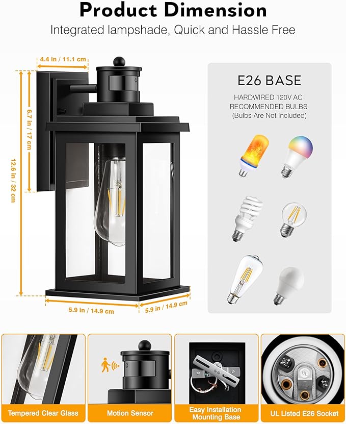 VIANIS Outdoor Motion Sensor Light, Black Exterior Lighting Fixtures Sconce, Dusk to Dawn Outdoor Lighting, Waterproof Front Porch Light for Garage, Patio, Doorway, Anti-Rust, Hardwired, Non-Solar-VerdiqueGarden