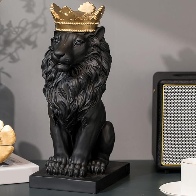 LCdecohome Lion Statue - Outdoor Collectible Figurine, 15 Inch Gold Crown Black Standing Lion Home Decor for Desk & Home Black Decor Gift-VerdiqueGarden