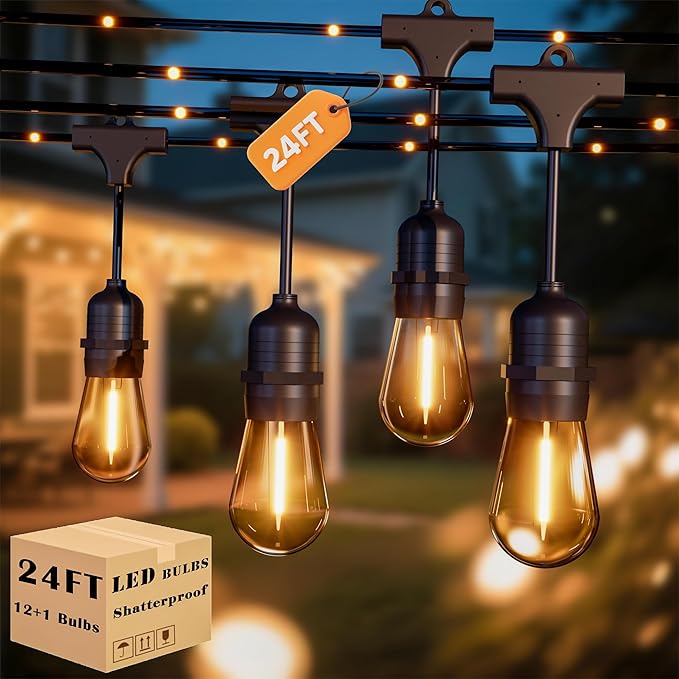 Outdoor String Fairy Lights, 24ft Dimmable Patio Lights with 12+1 S14 Retro Edison Bulbs & 72 Fairy Rope, IP65 Waterproof, LED Outside Hanging Light for Backyard Gazebo Bistro, 10 Strands Connectable-VerdiqueGarden