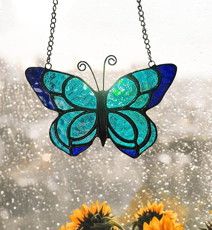 Blue Butterfly Suncatcher Stained Glass Window Hanging Panel Christmas Decor,Glass Butterfly Gift for Mom, Women 5.9×5.3Inch-VerdiqueGarden
