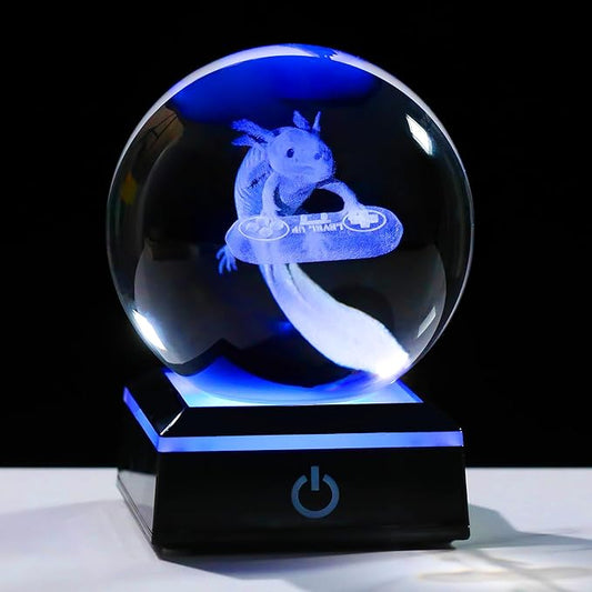 Axolotl Glass Animals Gamer Room Decor - 3D Crystal Ball Night Light Statue, 3.15'' Gamer Gifts for Kids-VerdiqueGarden