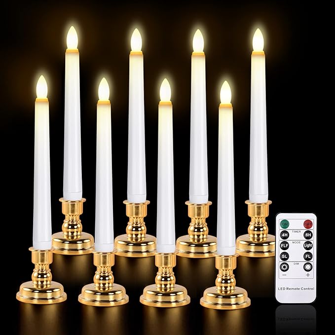 JOSU Taper Battery Operated Candles: 8PCS Flickering Flameless Candles with Timer - 3D Wick Fake Window Candle Outdoor +8 Gold Candlesticks, for Home Decor & Festival Celebration-VerdiqueGarden