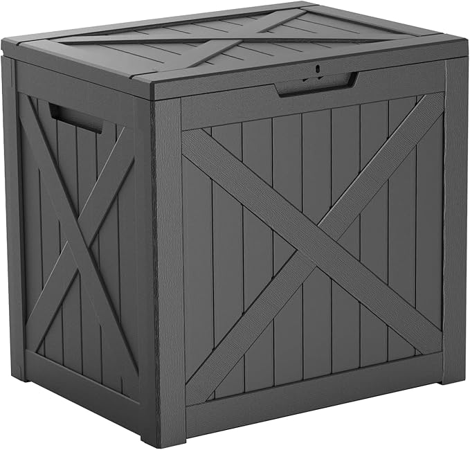 32 Gallon Resin Deck Box, Lockable Outdoor Storage Box for Patio Cushions Storage Furniture,Garden Tools, Pool Supplies, Weatherproof and UV Resistant（Black X）-VerdiqueGarden