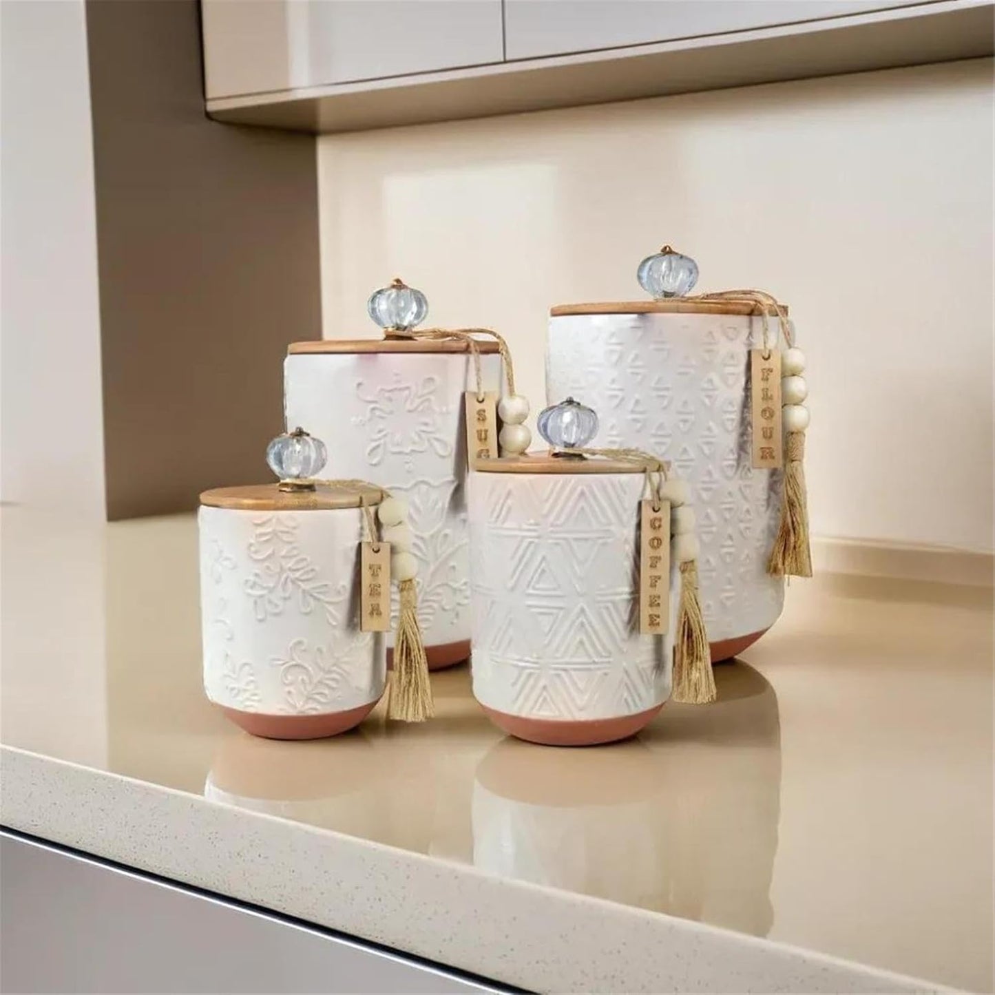 Youngs 21207 Ceramic Canister with Wood Lid and Silicon Seal, Crystal Knob and Blessing Bead Tassel Accent, 4-piece Set-VerdiqueGarden