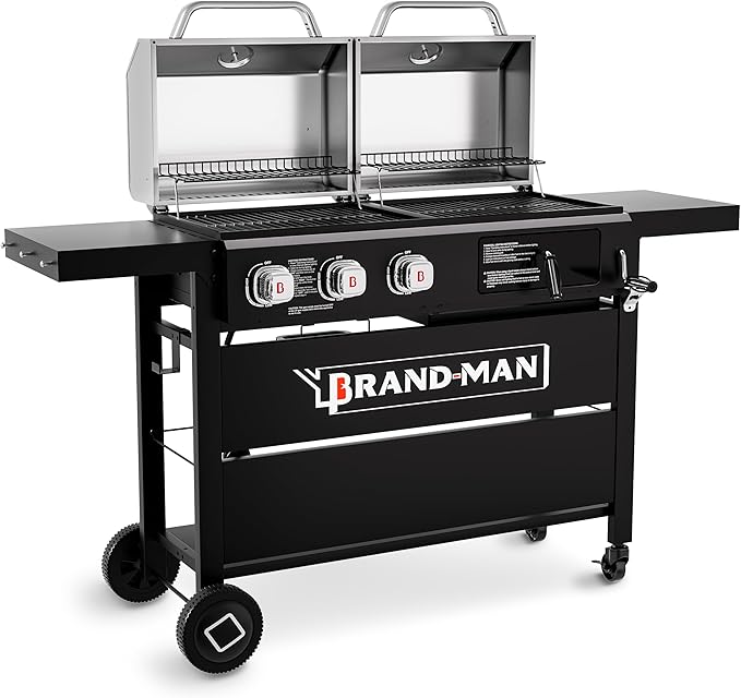 Brand-Man Propane Gas and Charcoal Grill Combo, Dual Fuel BBQ Combo Grill with Stainless Steel Dual Lids & 2 Side Shelves for Outdoor Kitchen & Backyard Barbecue Cooking-VerdiqueGarden