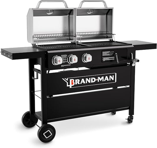Brand-Man Propane Gas and Charcoal Grill Combo, Dual Fuel BBQ Combo Grill with Stainless Steel Dual Lids & 2 Side Shelves for Outdoor Kitchen & Backyard Barbecue Cooking-VerdiqueGarden