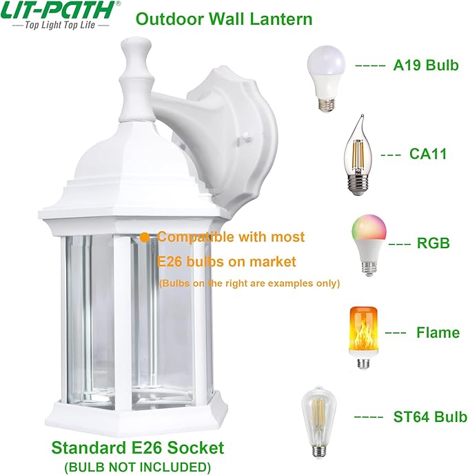 LIT-PaTH Outdoor Wall Lantern, Wall Sconce as Porch Lighting Fixture, E26 Medium Base Max 60W, Aluminum Housing Plus Glass, Matte White Finish, 1-Pack-VerdiqueGarden