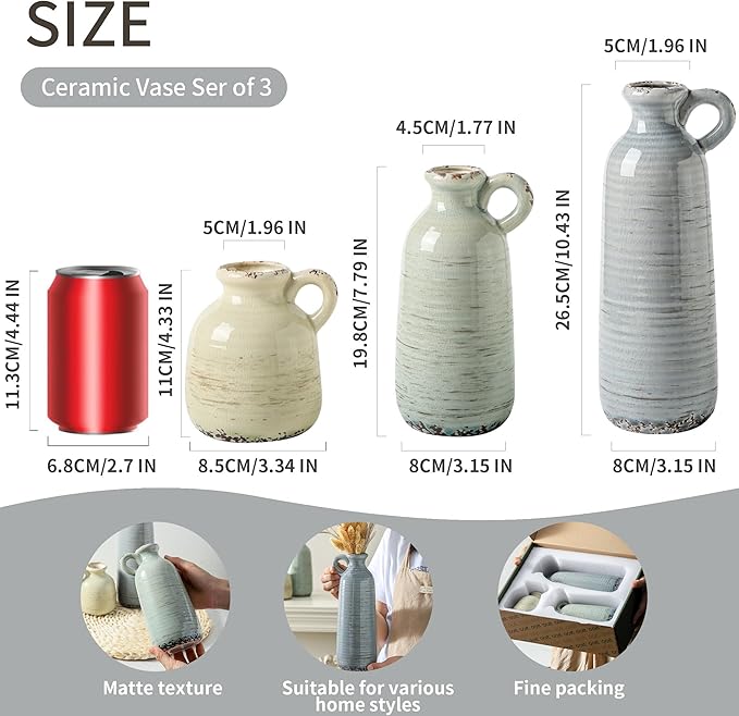Ceramic Vase Set of 3 | Neutral Vase Home Decor with Handle | Pottery Modern Farmhouse Vases Pampas Grass Flower Vases for Home Decor Table Living Room Centerpieces Mantel Decor - Multicolor-VerdiqueGarden