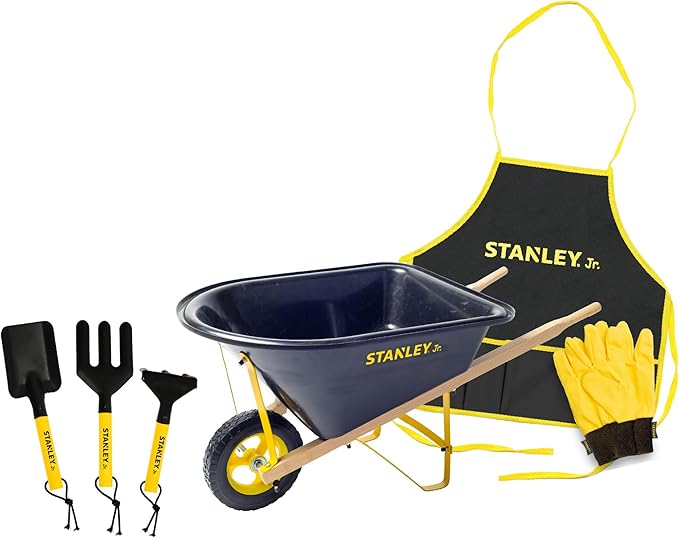 Stanley Jr. Kids Wheelbarrow Set – 6-Piece Durable Toddler Wheelbarrow & Garden Tools – Child Outdoor Toy for Ages 3+ – Fun, Educational Backyard Play with Apron, Gloves & Tools-VerdiqueGarden