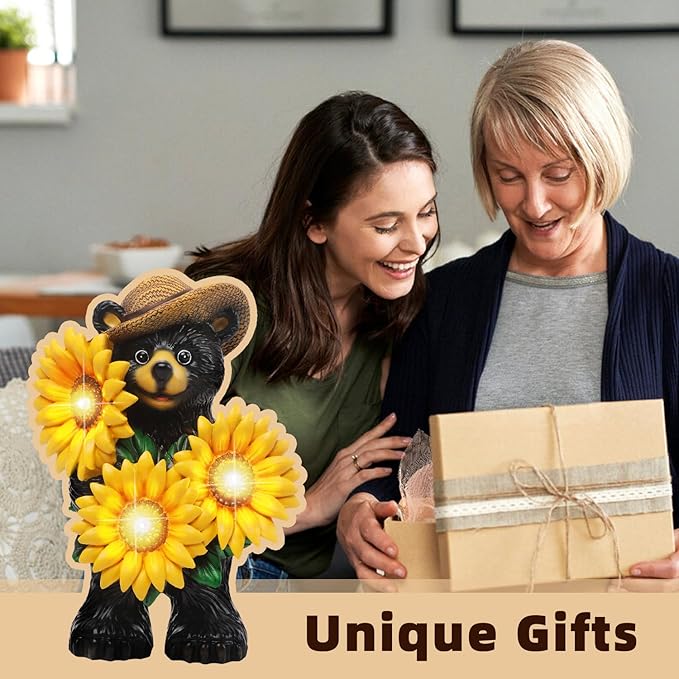 Bear Statue with Sunflowers LED Light 7.2" Solar Lamp Outdoor Garden Patio Yard Porch Lawn Decor Waterproof Resin Black Bear Figurine Unique Garden Gifts for Women Mom Grandma Sister-VerdiqueGarden