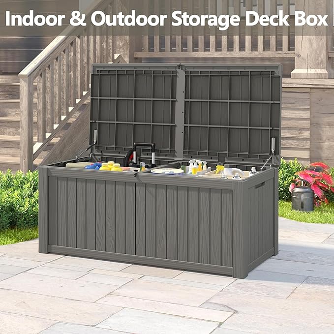 NUNU LAB 150 Gallon Outdoor Storage Box,Resin Large Sturdy Deck Box, Backyard Outside Storage Box Waterproof with Double Wall Panels,Package Delivery,Garden Outdoor Hose Bin-VerdiqueGarden