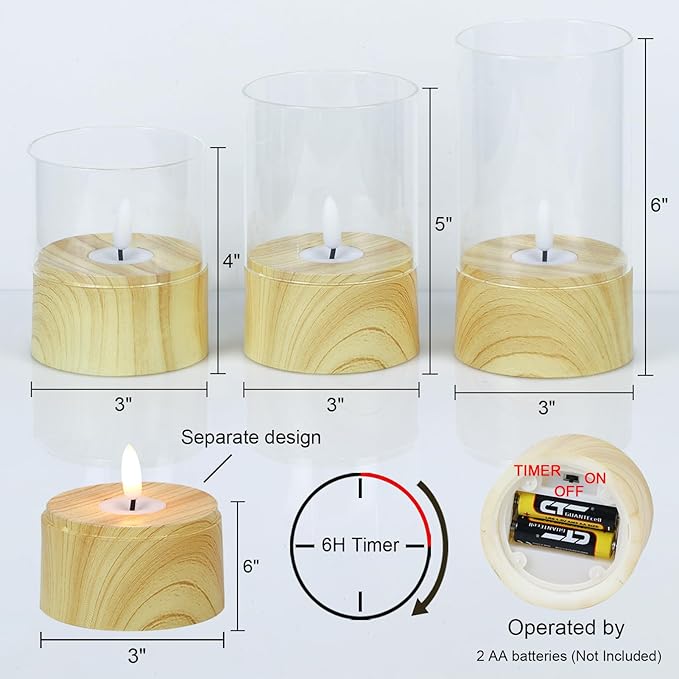 Battery Operated Candles with 6H Timer, 3 Pack Glass LED Flikcering Flameless Candles, Clear Pillar Candles with 3D Flame for Spring Wedding Home Bedroom Decor(Set of 3)-VerdiqueGarden
