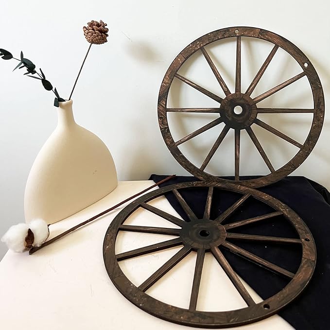 (2 Pieces) 12" Wood Carved Wheel Decor, Western Style Decorative Wagon Wheels for Modern Vintage Home Decor, Suitable for Farmhouse, Living Room, Bookcase, Bar, Garage, Coffee Shop, Studio Decor-VerdiqueGarden