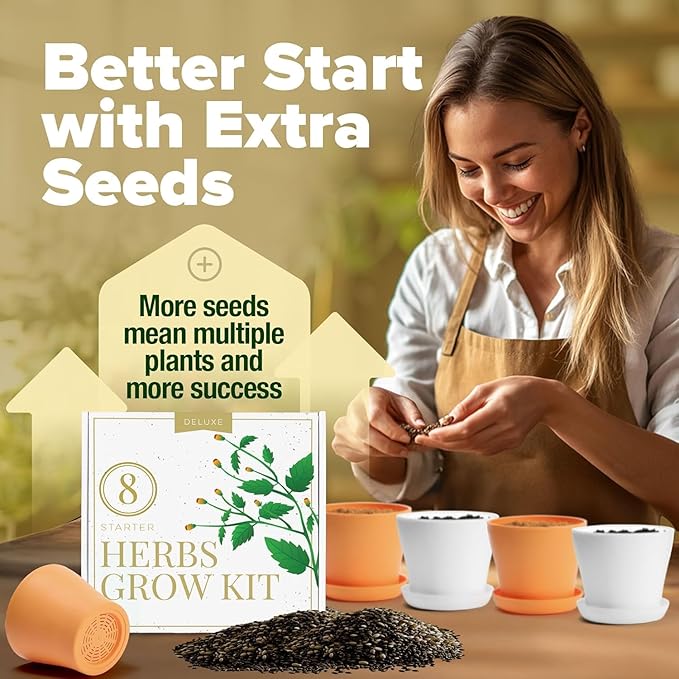 HOME GROWN 𝗣𝗥𝗘𝗠𝗜𝗨𝗠 𝗛𝗘𝗥𝗕 𝗞𝗜𝗧 8 Herb Seeds Garden Kit, Complete Indoor Planter Gift with Basil Cilantro Mint & More, Unique Kitchen Growing Set for Women Men, Birthday Housewarming Present-VerdiqueGarden