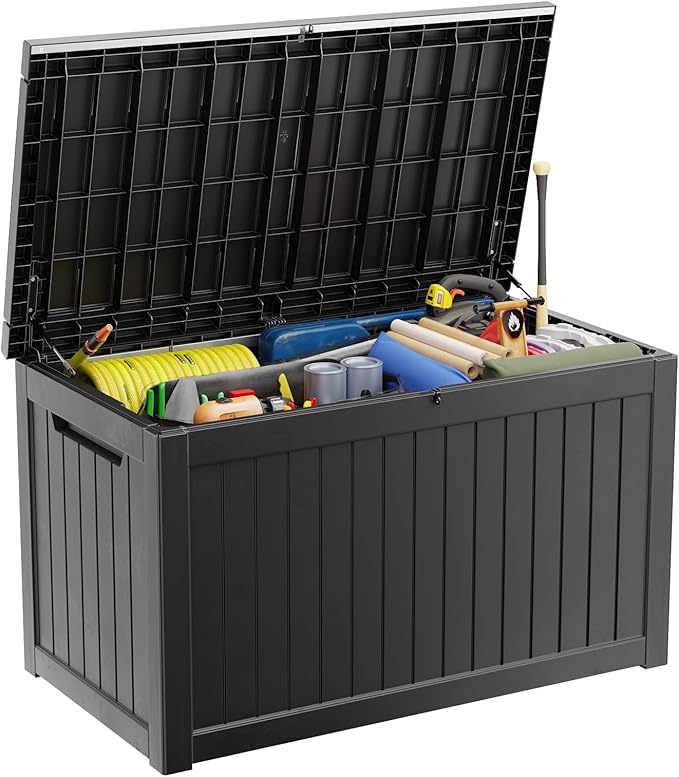 Deck Box - 230 Gallon Large Outdoor Storage box,Waterproof Patio Furniture and Storage Deck - Lockable and UV Resistant, Perfect for Pool and Outdoor Use, Weatherproof Resin, Lockable (Black) -VerdiqueGarden