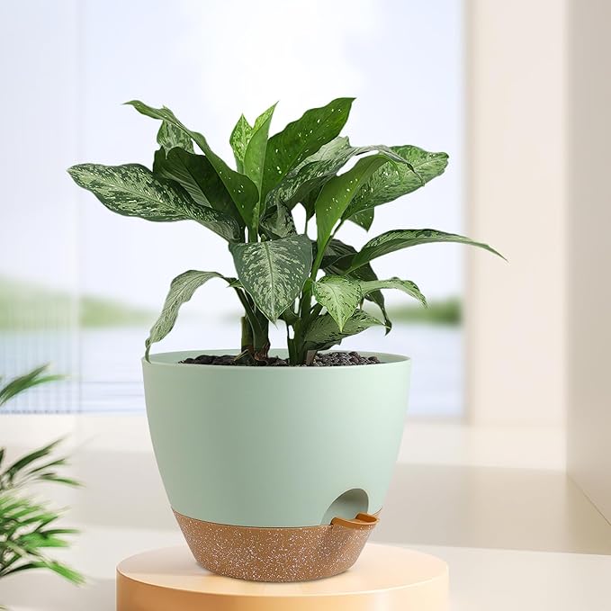 12 inch Large Self Watering Pots, Plant Pots with Mesh Drainage Holes for Indoor Outdoor Plants, Plastic Planters with Deep Reservoir for Garden House Flower Plants, Green with Brown-VerdiqueGarden