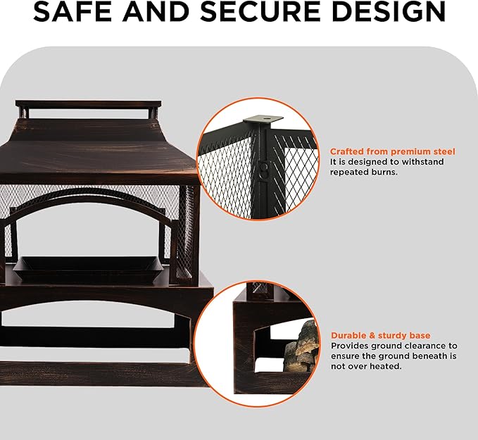 Red Mountain Valley 37in Outdoor Wood Burning Fireplace, Large Outdoor Fire Pit with Log Grate and Poker, Chimney Outside Fireplace with Firewood Racks Storage for Patio, Garden and Backyard-VerdiqueGarden