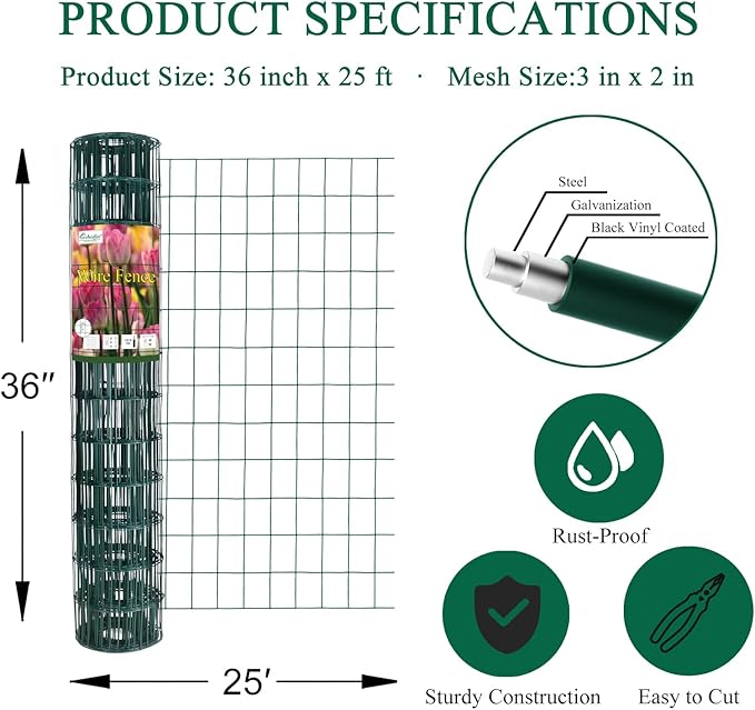 Green PVC Coated Welded Wire Fence 36 Inch x 25 Foot, 2 Inch x 3 Inch 16GA, Garden Border Fencing Roll Vinyl Coating Metal Wire Mesh for Yard Vegetable Plant Protection Poultry Netting-VerdiqueGarden