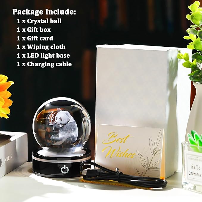 YWHL 3D Panda Figurine Crystal Ball with Colorful Light Base, Panda Gifts for Women Men on Christmas Birthday, 3D Laser Engraved Full Sphere Glass Decorative Ball for Home Office (80mm)-VerdiqueGarden