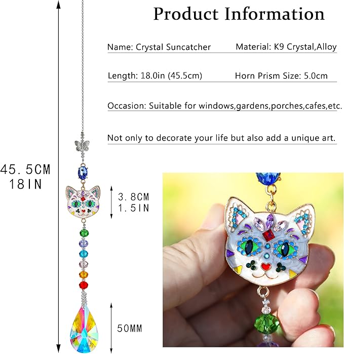 Crystal Rhinestones Suncatcher Cat Face Shaped with Butterfly Window Hang Pendant, Rainbow Crystal Colorful Prisms Ornament Gift Christmas Tree Decoration-VerdiqueGarden