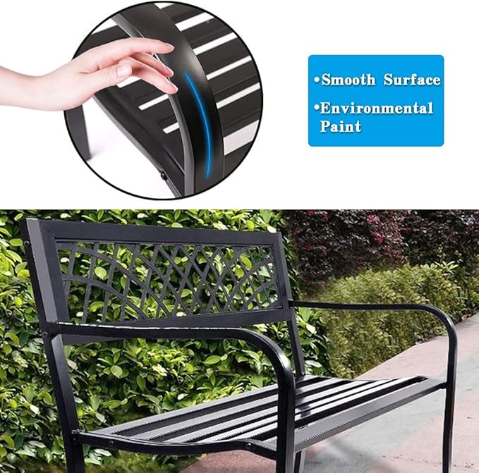 Garden Bench,Outdoor Benches,Iron Steel Frame Patio Bench with Mesh Pattern and Plastic Backrest Armrests for Lawn Yard Porch Work Entryway,Black-VerdiqueGarden