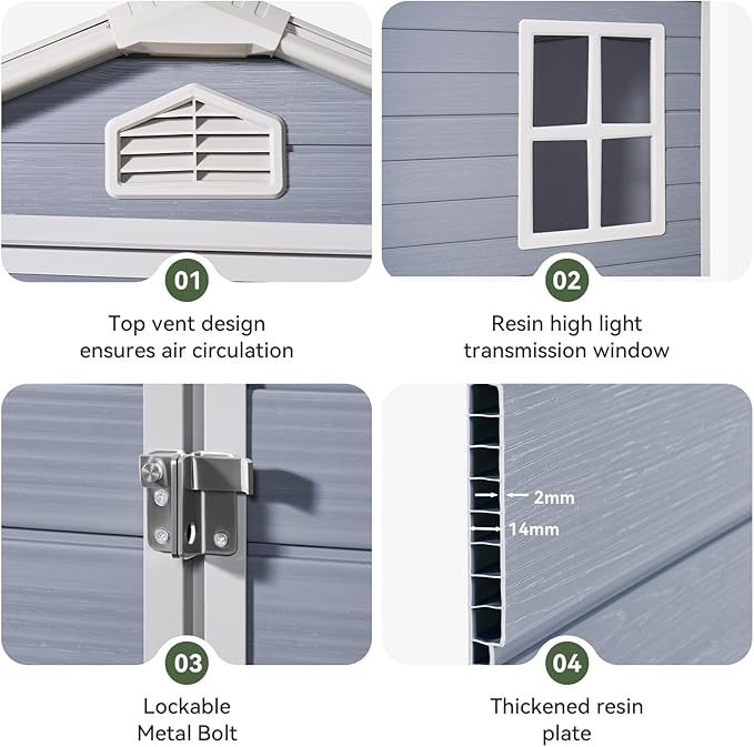 Aoxun 6X8 FT Resin Outdoor Storage Shed with Floor, Plastic Garden Shed with Lockable Door and Window, Tools House to Store Patio Furniture, Bike Accessories, Garbage Can and Lawn Mower - Grey-VerdiqueGarden