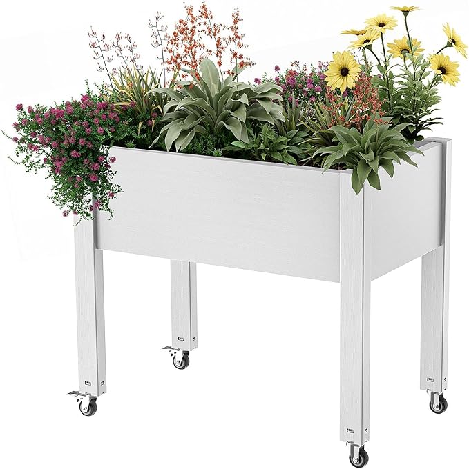 Horticulture Raised Garden Bed with Legs, Divisible Raised Resin Planter Box for Backyard, Patio, Balcony, with 4 Legs & 4 Swivel Lockable Wheels(Ashen,30.04 * 17.72 * 28.9)-VerdiqueGarden