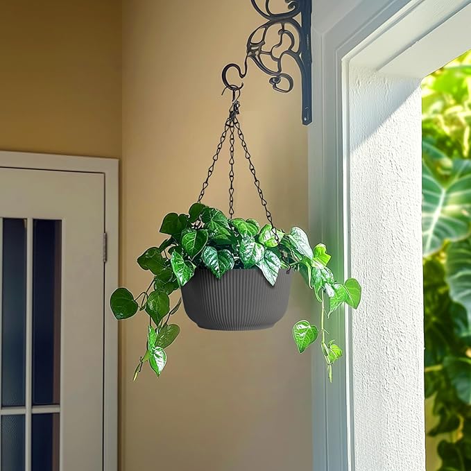 T4U 8 Inch Hanging Planters for Indoor Outdoor Plants, Self Watering Hanging Pot Pack of 2, Hanging Pots with Drainage Hole & Plug & Chain with 3 Hooks for Garden Home Decor, Grey-VerdiqueGarden