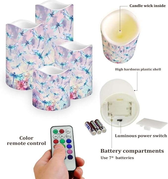 Ystardream Beautiful Dragonfly Flameless Candles Battery Operated with Timer, Remote Control, LED Flashing Candle Sets, Warm Color Flickering Candles Light for Party Room Table Decor Set of 2-VerdiqueGarden