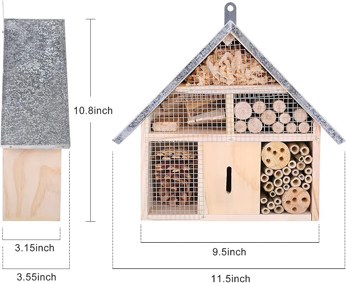 antiai Wooden Mason Insect Bee Butterfly House,Insect Hotel,an Outdoor Hanging Bamboo Habitat for Ladybugs Live,Bee Box,Butterfly Habitat for Garden,12.4 x 12 x 3.9 Inch-VerdiqueGarden