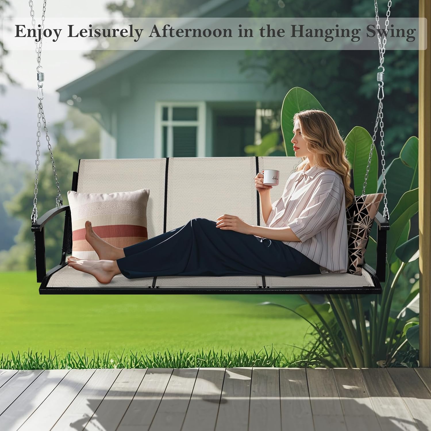 Textilene 3 Seat Hanging Swing, 5.2FT Patio Bench Swing, 660lbs Heavy Duty Outdoor Porch Swing with Hanging Chains for Courtyard, Garden, Tree, Yard-VerdiqueGarden