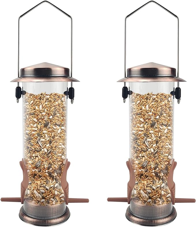 MIXXIDEA Wild Bird Feeders for Outdoors Hanging 2 Pack Stainless Steel Tube Bird Feeder, Water Resistant Finch Bird Feeder for Garden Backyard Decoration Attractive Metal Thistle Feeder (Copper)-VerdiqueGarden