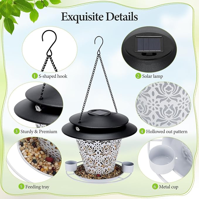Solar Bird Feeders for Outside Hanging Metal Wild Bird Feeder Solar Lanterns Outdoor Waterproof Garden Decor for Yard White-VerdiqueGarden
