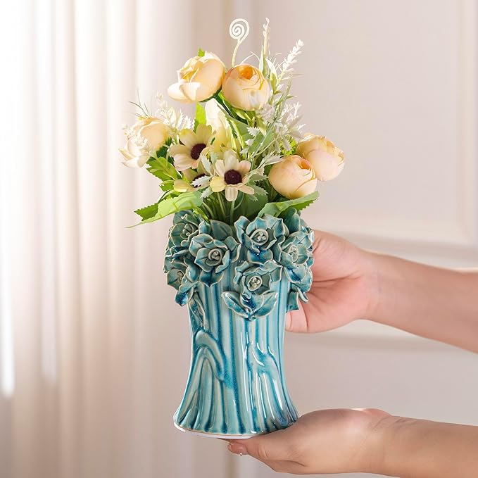 Handmade Blue Ceramic Vase with 3D Flowers, Blue Bud Wedding Bouquets Vases for Centerpieces, Vintage Floral Vase for Home Cottage Core Decor, Decorative Vases for Living Room, Housewarming Gift 6.6In-VerdiqueGarden