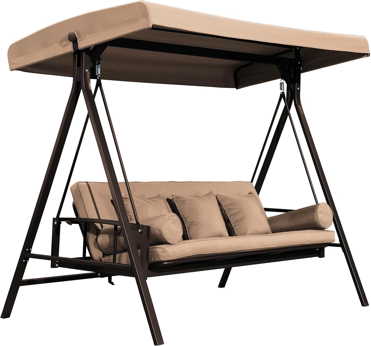 PURPLE LEAF Outdoor Patio Porch Swing Adjustable Backrest, 3-seat Swing Chair with Weather Resistant Steel Frame for Backyard Front Porch Lawn, Cushion and Pillows Included, Beige-VerdiqueGarden