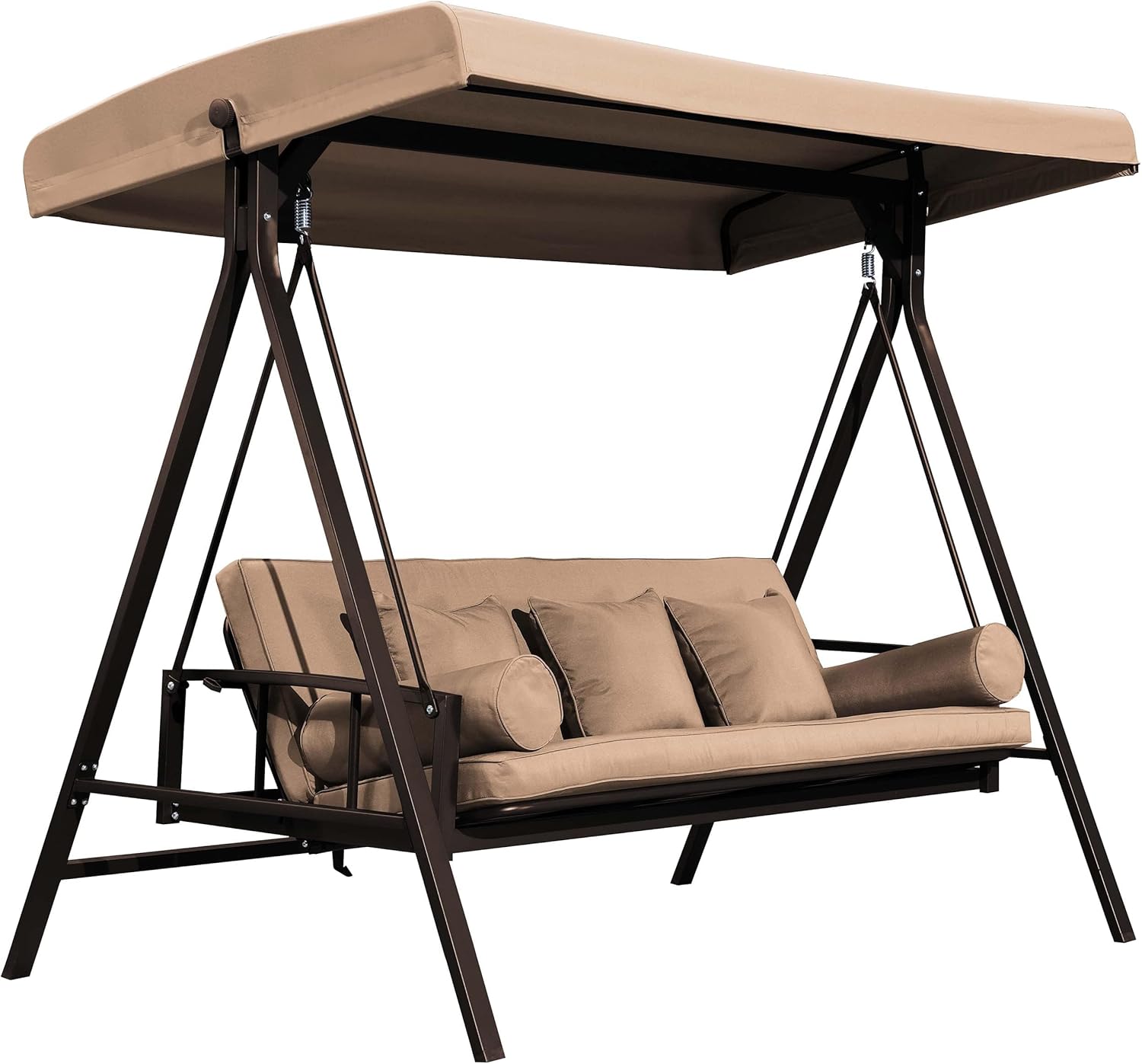 PURPLE LEAF Outdoor Patio Porch Swing Adjustable Backrest, 3-seat Swing Chair with Weather Resistant Steel Frame for Backyard Front Porch Lawn, Cushion and Pillows Included, Beige-VerdiqueGarden